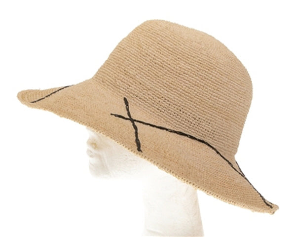 A338-FINE RAFFIA CROCHET SUN HAT W/ LINE PATTERN