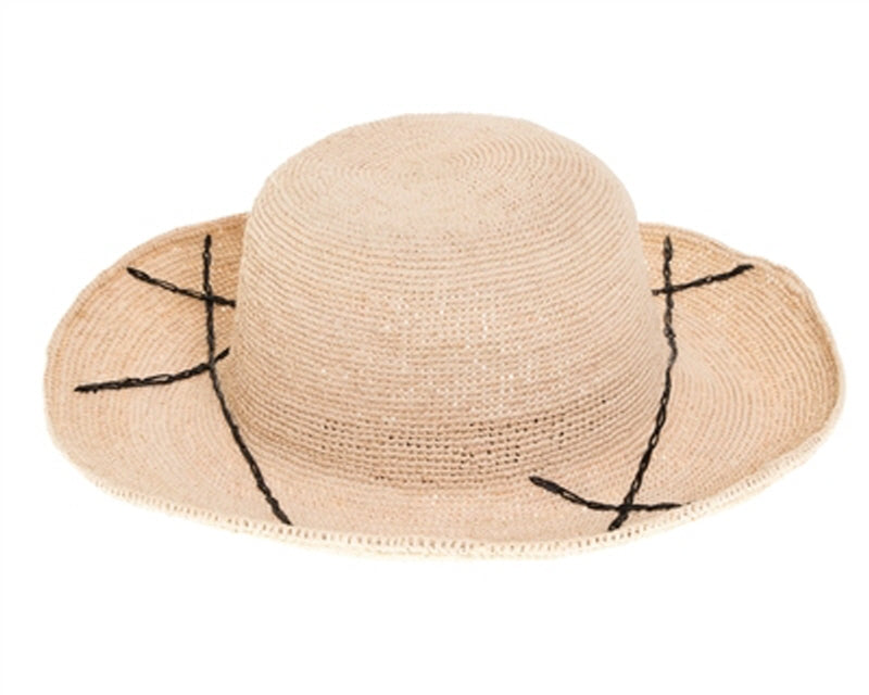 A338-FINE RAFFIA CROCHET SUN HAT W/ LINE PATTERN