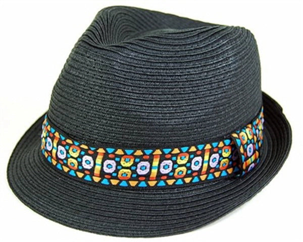 A583-STRAW FEDORA HAT WITH TRIBAL BAND