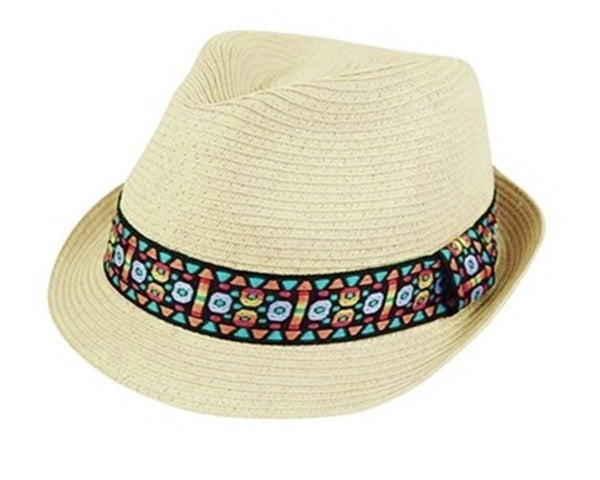 A583-STRAW FEDORA HAT WITH TRIBAL BAND