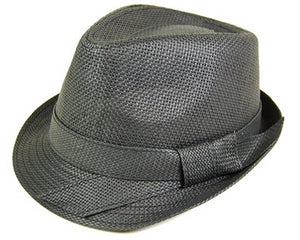 A582-BLACK STRAW FEDORA WITH FLAT TIE